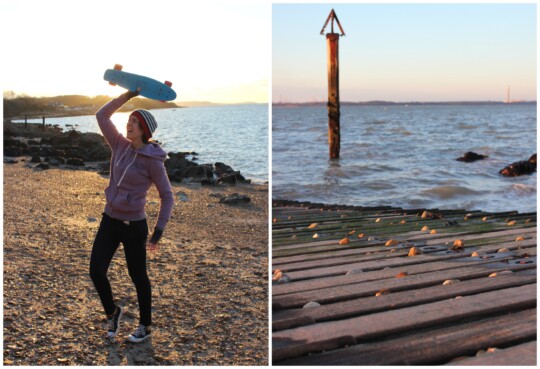 Rusty holding her penny board and slipway photo collage