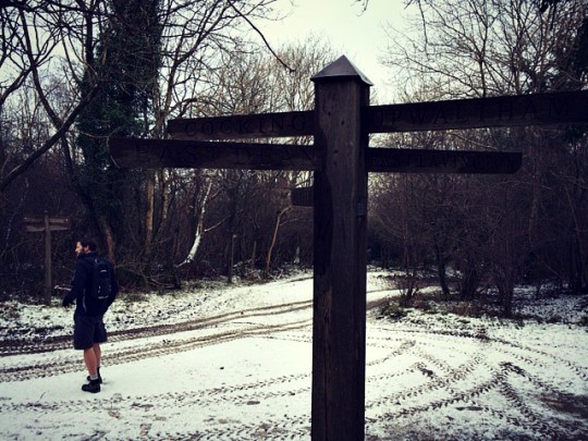 Tom standing in the road by a signpost